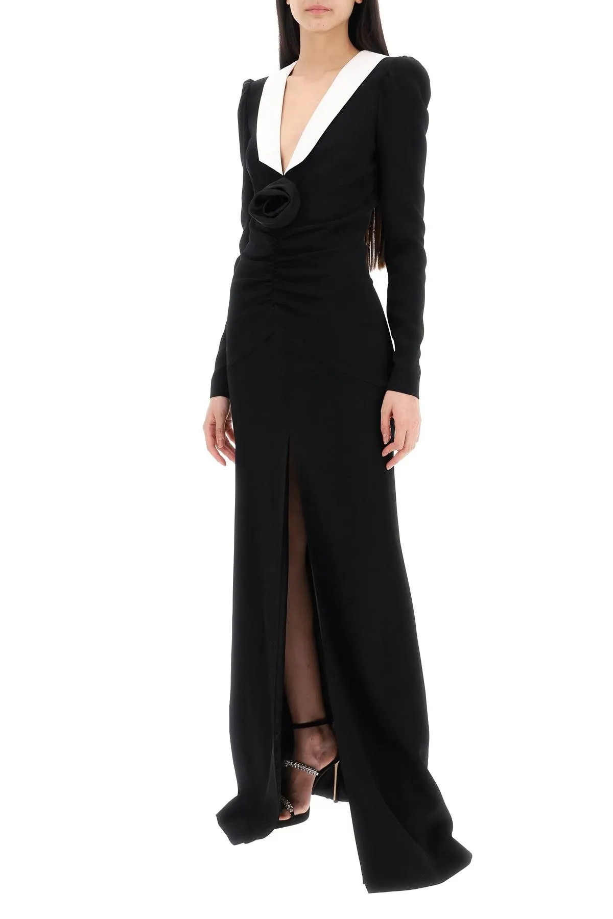 Maxi abito in cady con applicazione rosa
